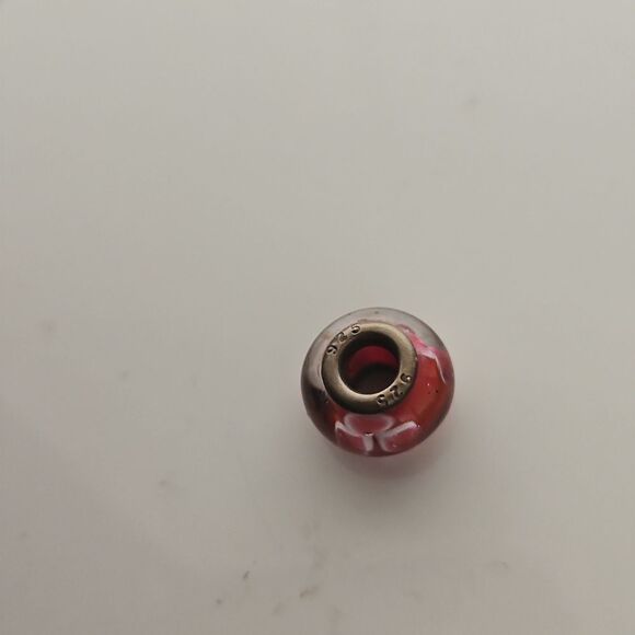 Murano Glass Flower Charm Stamped 925 Burgundy/ White - Picture 5 of 16